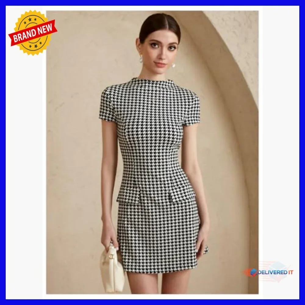 Mock Neck Flared A-Line Work Dress Short Sleeve Houndstooth Pattern